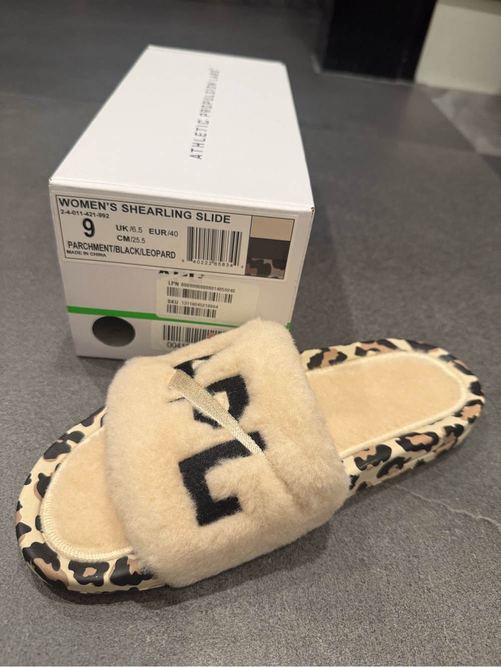 APL Women's Shearling Slide - Parchment with Black Leopard